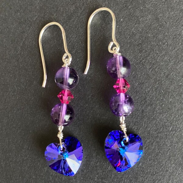 Boucles d’oreilles cœurs Swarovski et Améthyste