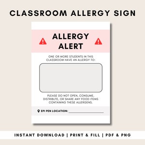Signo de alerta de alergia imprimible / Advertencia de alergia en el aula / Alérgenos escolares / Signo de alergia al maní / Huevo / Leche / Soja / Alergia infantil