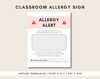 Cartello stampabile per allergie in classe / Poster di allerta allergie / Avvertenza allergeni scolastici / Allergia alle arachidi / Uova / Latte / Soia / Allergia infantile