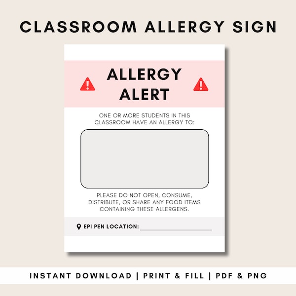 Printable Allergy Alert Sign | Classroom Allergy Warning | School Allergens | Peanut Allergy Sign | Egg | Milk | Soybean | Child Allergy