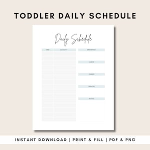 May include: Printable daily schedule template for toddlers, with sections for time, activity, breakfast, lunch, dinner, snacks, and notes. The template has a light blue background and the text "Daily Schedule" is written in black cursive.