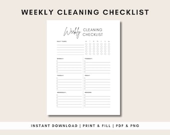 May include: A printable weekly cleaning checklist with a black and white design. The checklist includes sections for daily tasks, Monday through Friday, and weekend tasks. The checklist also includes a section for daily tasks.