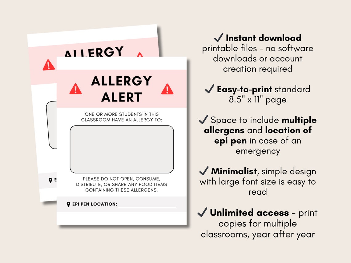 Printable Allergy Alert Sign Classroom Allergy Warning School