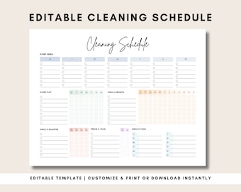May include: Printable cleaning schedule template with a checklist for daily, weekly, monthly, quarterly, twice a year, and yearly tasks. The template is divided into sections for each frequency and includes checkboxes for each task.