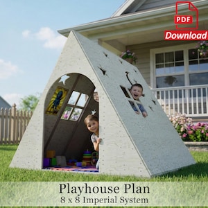 Planos de casa de juegos con estructura en forma de A: Cabaña infantil de 8x8 para el jardín (Descarga PDF)