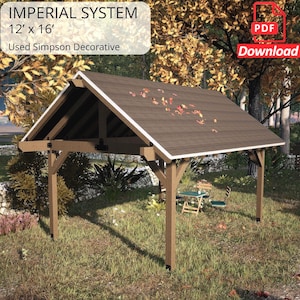 Gazebo Plans, 12x16 Pavilion Plans, Gable Roof Pergola Plan, Wooden Carport, Garden Pavilion, parking lot gazebo
