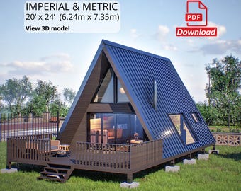 A Frame Tiny House Plan | 20x24 A-Frame Cabin Plan | Modern A Frame Cabin Plans | Blueprint PDF Download