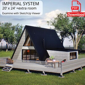 Cabineplattegrond A-Frame, Kleine plattegrond A-Frame, Tiny House 20 x 24, Blauwdruk A-Frame, Plattegronden kleine huizen
