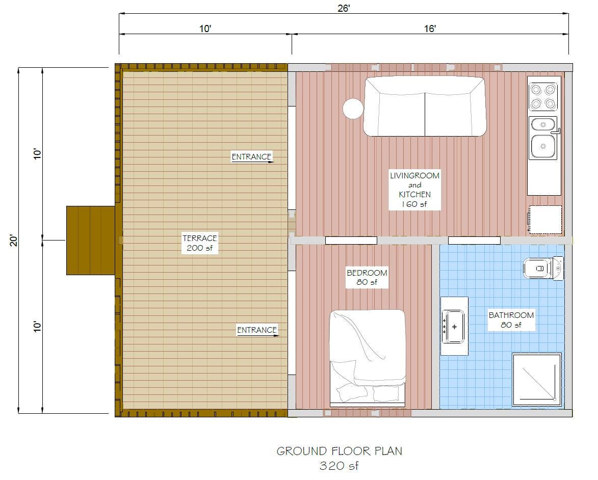 20x16 Cottage House Plan, Single Story Tiny Home DIY - Etsy, image size:1173x942