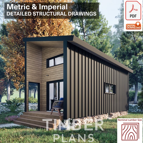 Tiny House Plans, Tiny Home Plans 12x28 (3.6mx7.3m), Modern Cabin House Plans, Small House Plans, Imperial & Metric Structural Plan