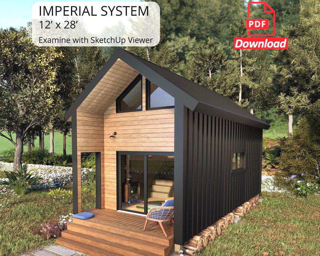 12x28 Gable Roof Tiny House Plans: Modern Cabin DIY Blueprints (PDF ...