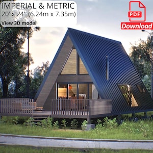 Een ingelijste plattegrond voor een klein huisje | Plattegrond cabine met a-frame 20 x 24 | Moderne cabineplannen met frame | Blauwdruk pdf-download