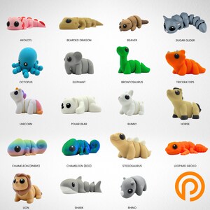 May include: A collection of sixteen articulated animal figurines including an axolotl, bearded dragon, beaver, sugar glider, octopus, elephant, brontosaurus, triceratops, unicorn, polar bear, bunny, horse, two chameleons, stegosaurus, leopard gecko, lion, shark, and rhino.