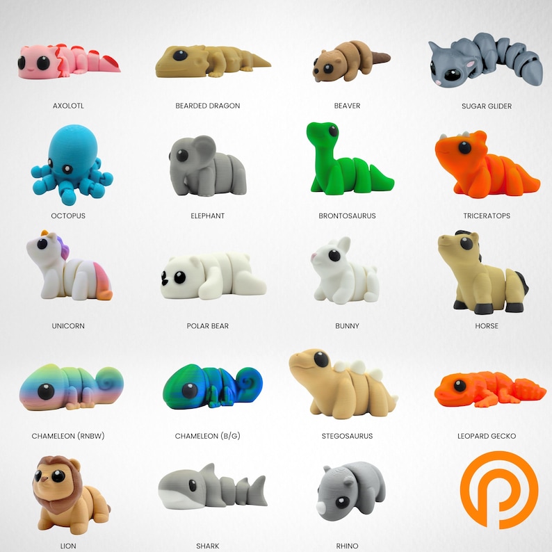 May include: A collection of sixteen articulated animal figurines including an axolotl, bearded dragon, beaver, sugar glider, octopus, elephant, brontosaurus, triceratops, unicorn, polar bear, bunny, horse, two chameleons, stegosaurus, leopard gecko, lion, shark, and rhino.