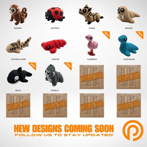 May include: A collection of small animal figurines including a monkey, ladybug, hyena, walrus, leopard shark, lobster, flamingo, plesiosaur, orca, and gorilla. Several wooden crate icons labeled COMING SOON are displayed with new design tags.