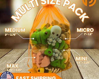 May include: An orange drawstring mesh bag filled with various small articulated animal figures, including a green frog and a light blue octopus. Text labels indicate size categories: Micro 1-1.5 inches, Mini 1.5-2.25 inches, Medium 2-2.75 inches, and Max 2.75-3.25 inches.