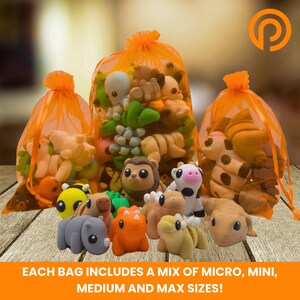 May include: Three orange organza drawstring bags filled with various small animal-shaped figurines in colors like brown, gray, orange, yellow, and white. Text at the bottom reads: EACH BAG INCLUDES A MIX OF MICRO, MINI, MEDIUM AND MAX SIZES!