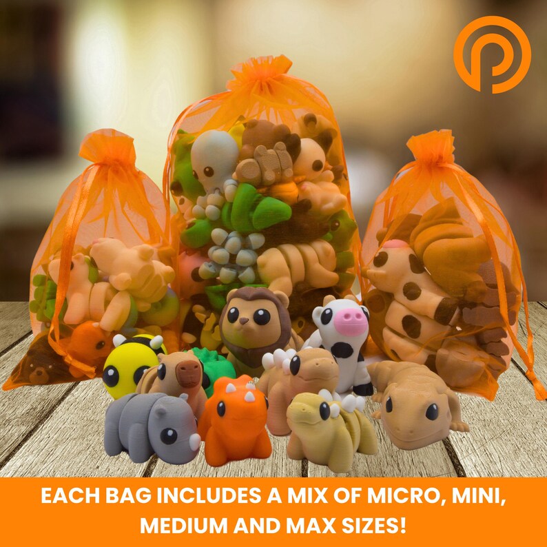 May include: Three orange organza drawstring bags filled with various small animal-shaped figurines in colors like brown, gray, orange, yellow, and white. Text at the bottom reads: EACH BAG INCLUDES A MIX OF MICRO, MINI, MEDIUM AND MAX SIZES!