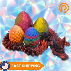 3D Printed Crystal Dragon with Egg, Articulated Dragon Fidget, Custom Colors & Sizes, Bookshelf Decor, Unique Gift for Anyone