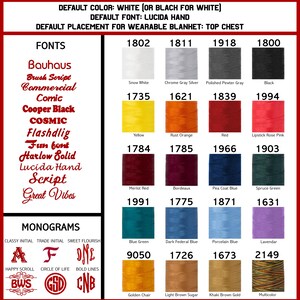 May include: A chart displaying embroidery thread colours and numbers. The chart is divided into four sections: Fonts, Monograms, and two sections of colour swatches. The Fonts section lists various font names, including Bauhaus, Brush Script, Commercial, Comic, Cooper Black, COSMIC, Flashdlig, Fun font, Harlow Solid, Lucida Hand Script, and Great Vibes. The Monograms section shows three different monogram styles: Classy Initial, Trade Initial, and Sweet Flourish. The colour swatches are arranged in rows and columns, with each swatch labelled with a colour name and a corresponding thread number.