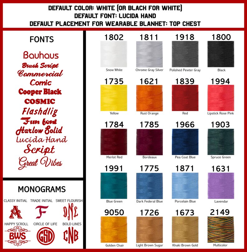 May include: A chart displaying embroidery thread colours and numbers. The chart is divided into four sections: Fonts, Monograms, and two sections of colour swatches. The Fonts section lists various font names, including Bauhaus, Brush Script, Commercial, Comic, Cooper Black, COSMIC, Flashdlig, Fun font, Harlow Solid, Lucida Hand Script, and Great Vibes. The Monograms section shows three different monogram styles: Classy Initial, Trade Initial, and Sweet Flourish. The colour swatches are arranged in rows and columns, with each swatch labelled with a colour name and a corresponding thread number.