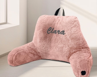 Personalized Faux Fur Reading Pillow with Arms: Custom Embroidered Backrest Pillow, Monogrammed Pillow, Christmas Gift, Personalized Gift