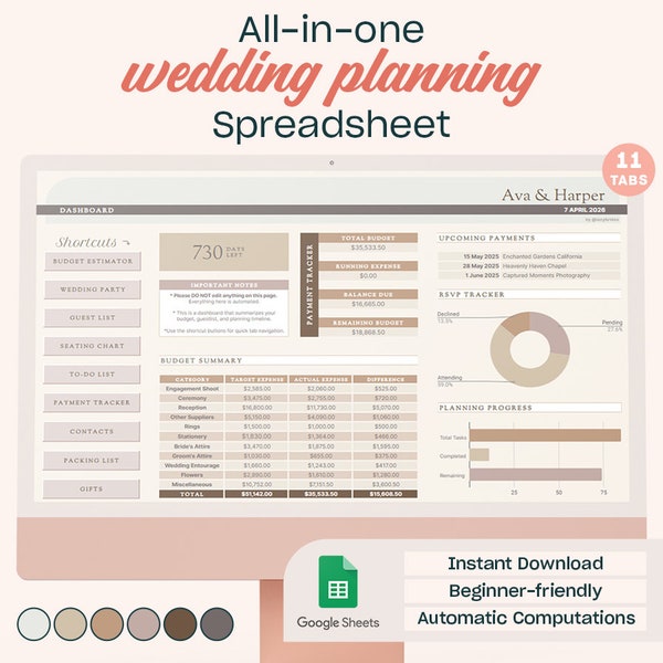 All-in-One Wedding Planning Spreadsheet | Minimalist | Beginner-Friendly | Google Sheets | Budget, Guest List, Seating Plan, Payment Tracker