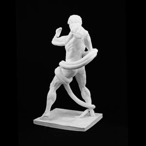 May include: A white sculpture of a muscular figure, entwined by a snake, stands on a square base against a black backdrop. The figure is in a dynamic pose, with one arm raised and the snake coiled around the body.