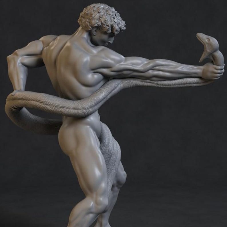 May include: A grey sculpture of a muscular figure grappling with a snake. The figure is seen from behind, with the snake coiled around the body and held in one hand. The snake's head is near the figure's hand.
