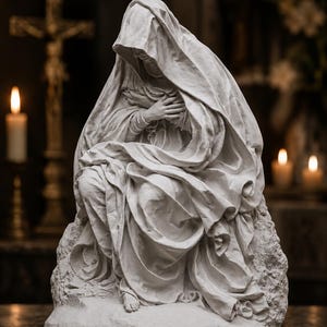 Può includere: Una scultura color pietra bianca di una figura seduta drappeggiata in un tessuto pesante e fluido che copre la testa e il corpo. La figura ha le mani incrociate sul petto, con un piede visibile alla base, poggiato su una superficie rocciosa.
