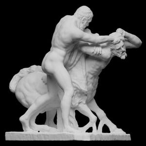 May include: A white marble sculpture depicting a struggle between two figures. One figure, atop a horse-like creature, grapples with another, both appearing in a state of conflict. The sculpture is set against a black background.