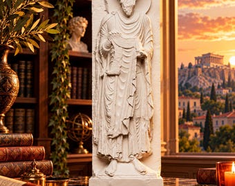 Könnte beinhalten: Ein rechteckiges, cremeweißes Steinrelief, das eine kopflose Figur in fließenden, geschichteten Gewändern darstellt. Die Figur steht in einer frontalen Haltung und hält einen schriftrollenartigen Gegenstand mit beiden Händen, mit detaillierten Falten.