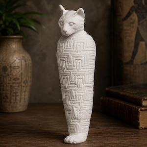 May include: A white, matte-finished sculpture of a cat with a stylized, wrapped body featuring a textured, woven-like pattern. The figure stands upright, depicting a feline head with pointed ears and a cylindrical, bandaged-style torso.