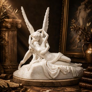 Cupid and Psyche Statue, Greek Mythology Sculpture, Romantic Museum Replica, 12K Resin Print, Unpainted Classical Decor Gift