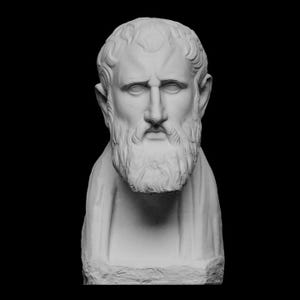 May include: A white bust of a man with a long beard and curly hair. The sculpture has a serious expression and is set against a black background. The bust is a classical style sculpture.