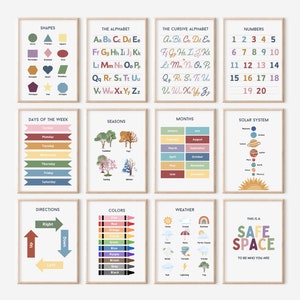 Set of 12 Educational Posters, Classroom Posters, Homeschool Prints, Educational Poster, Neutral Kids Nursery, Montessori, Kids Wall Art.