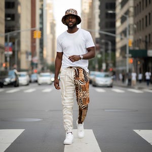 Könnte beinhalten: Eine Person trägt ein weißes T-Shirt, eine gemusterte Hose, weiße Turnschuhe und einen passenden Fischerhut. Die Hose hat ein geteiltes Design mit einem beige-braunen Stammesmuster. Der Hut und die rechte Seite der Hose haben ein ähnliches Design.