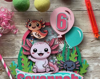 3d Layered, Shaker Personalized Axolotl Birthday Cake Topper