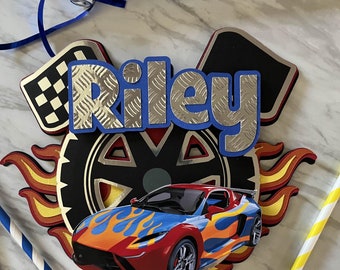 Personalize- Hot car Wheels Cake Topper- Layered Race car- Add name and Age.