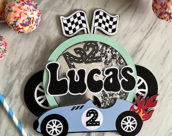 TWO Fast Car Cake Topper: Personalized 2nd Birthday Shaker Pastel colors. Race car
