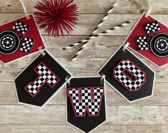 Personalized "TWO FAST" red, black  and white Banner! Birthday banner or add a name.