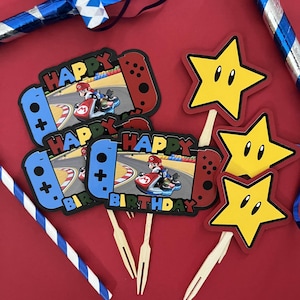Mario Kart Birthday Cupcake Toppers: Switch & Star Party Decorations (12ct)