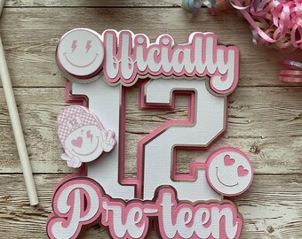 Pre-teen 12th Birthday Cake Topper, Pink & Silver 3D Layered