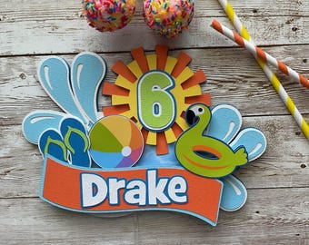 Customizable Pool Party Cake Topper: Birthday Splash Decoration - BLUE