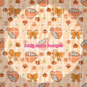 Coffee Bows Pumpkins Seamless Pattern: Fall PNG Digital Paper (300 DPI)