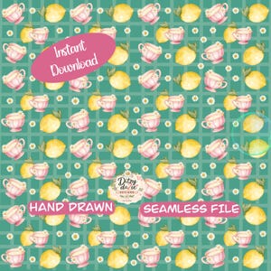Pink Tea Cups & Lemons Digital Paper | Seamless Pattern Background | Cottagecore Daisy Design | Instant Download