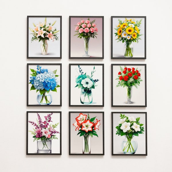 Colección de Arreglos Florales, Conjunto de 9 Flores, Muestra de Flora Artística, Arte de Flores, Decoración Floral Moderna, Arte Digital