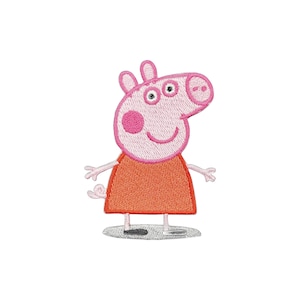 以下が含まれることがあります： オレンジ色のドレスを着たピンクの豚の漫画キャラクター。キャラクターはピンクの鼻と黒目の白い目を持っています。