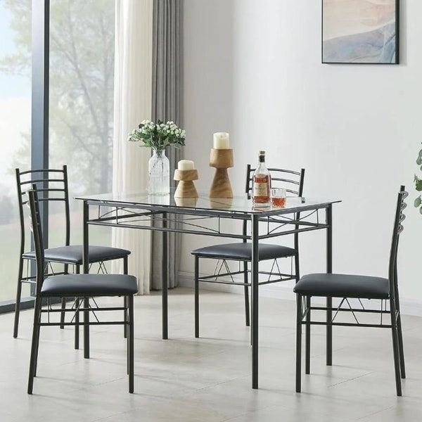 Esstisch-Set für zu Hause: Mattschwarzer, platzsparender Tisch und Stühle mit 4 Tischsets – 5-teiliges Set