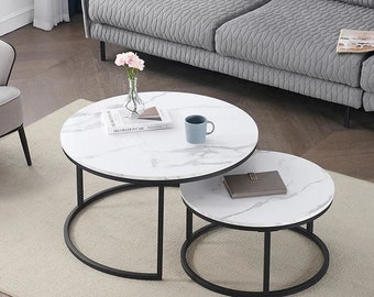 Table basse ronde en marbre blanc : meubles de salon avec combinaison de bois et support en métal pour la maison